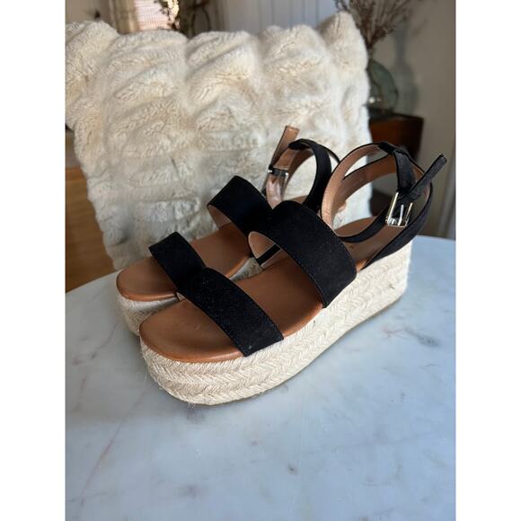 NWOT American Eagle Black Suede Chunky Jute Platform Wedge Sandals - Picture 2 of 8